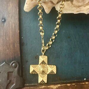 Gold Tarnish Resistant Waterproof Large Block Cross Pendant Necklace